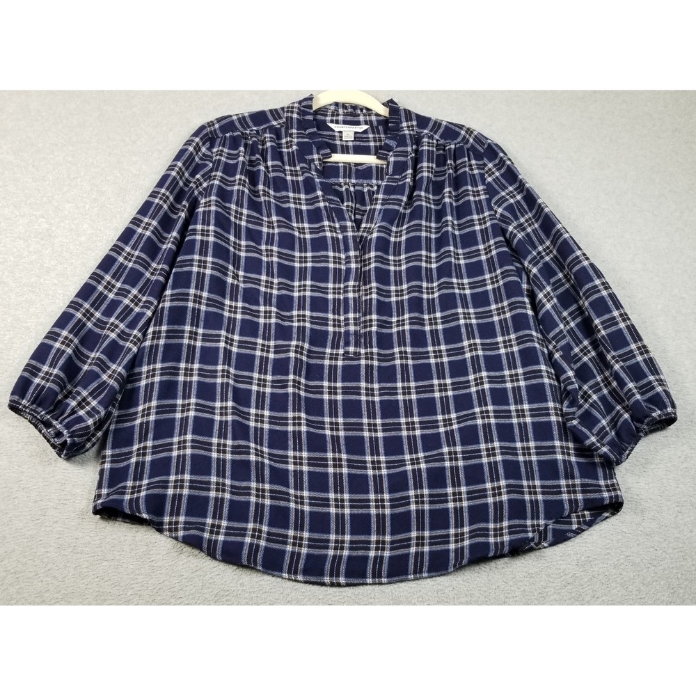 Counterparts Blouse Womens XL Blue Plaid Flannel Henley Neck 3/4 Sleeve Fall Top